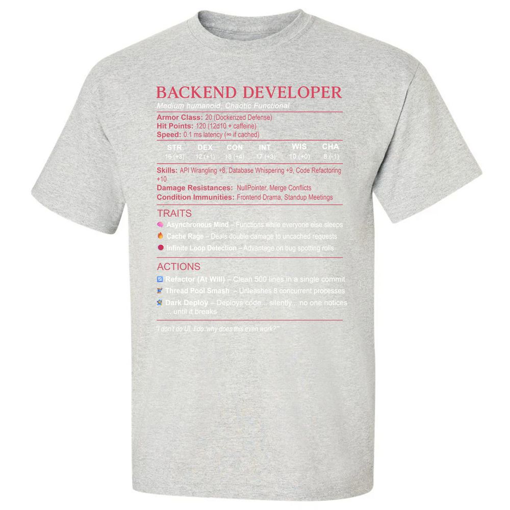 Backend Developer Stats Classic Unisex T-Shirt - Ash - 2