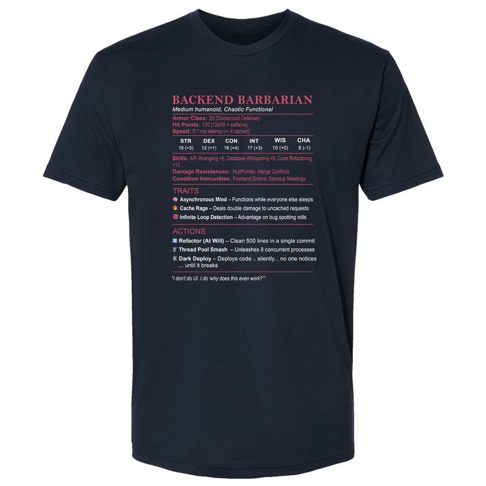 Backend Barbarian Stats Premium Unisex T-Shirt - Midnight Navy - 2