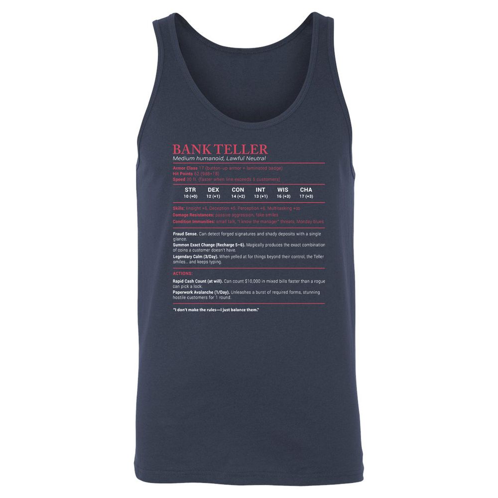 Bank Teller Stats Unisex Jersey Tank - Navy - 2