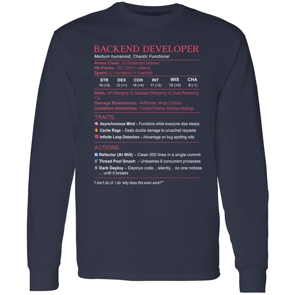 Backend Developer Stats Long Sleeve T-Shirt - Navy - 2