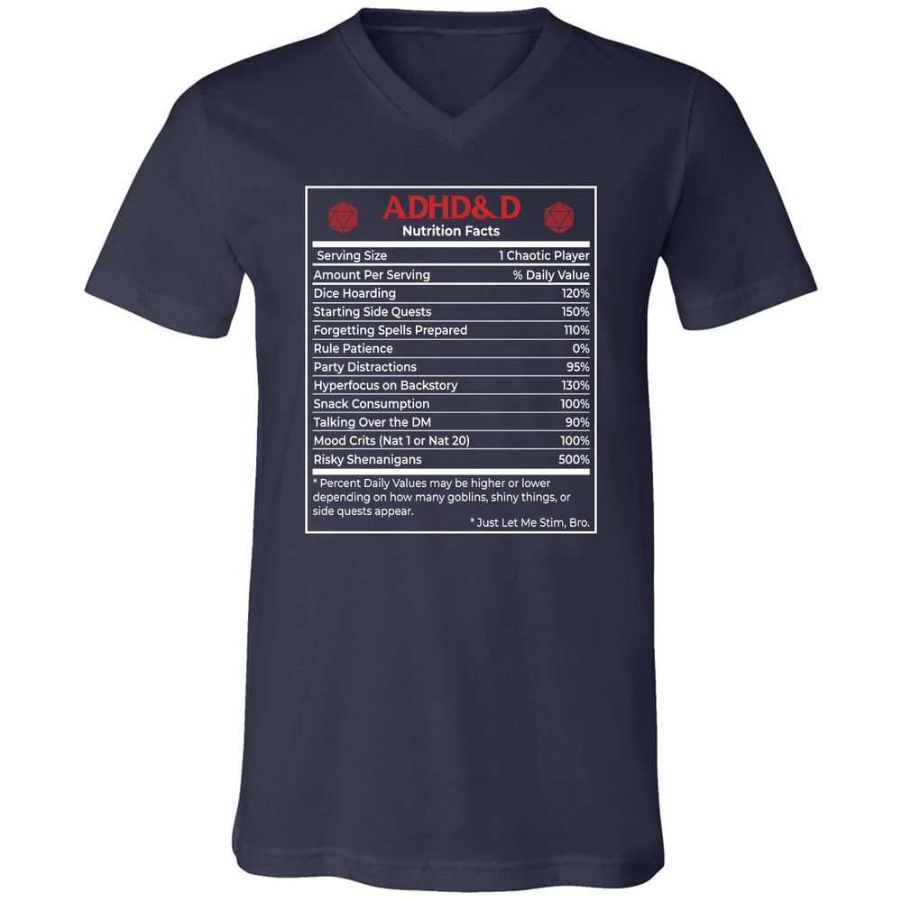 ADHD&D Nutrition Facts Unisex V-Neck T-Shirt - Navy - 2
