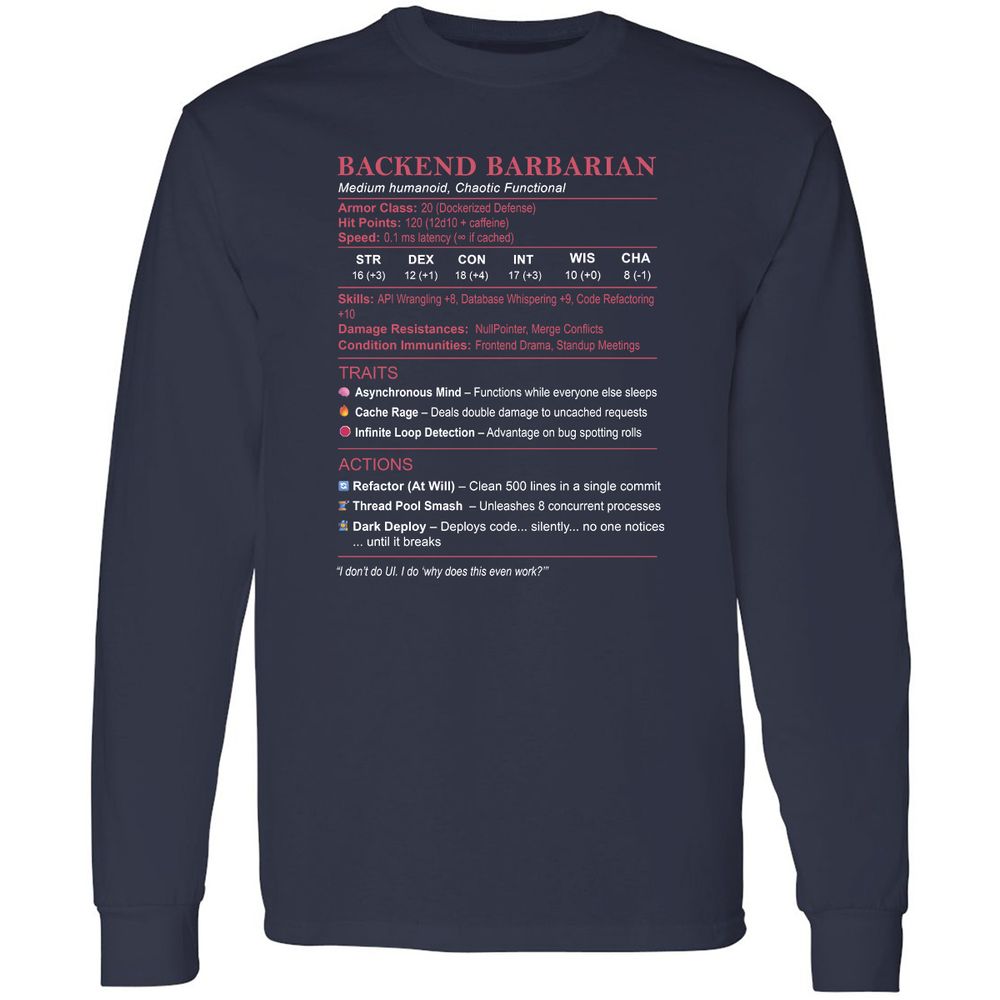 Backend Barbarian Stats Long Sleeve T-Shirt - Navy - 2