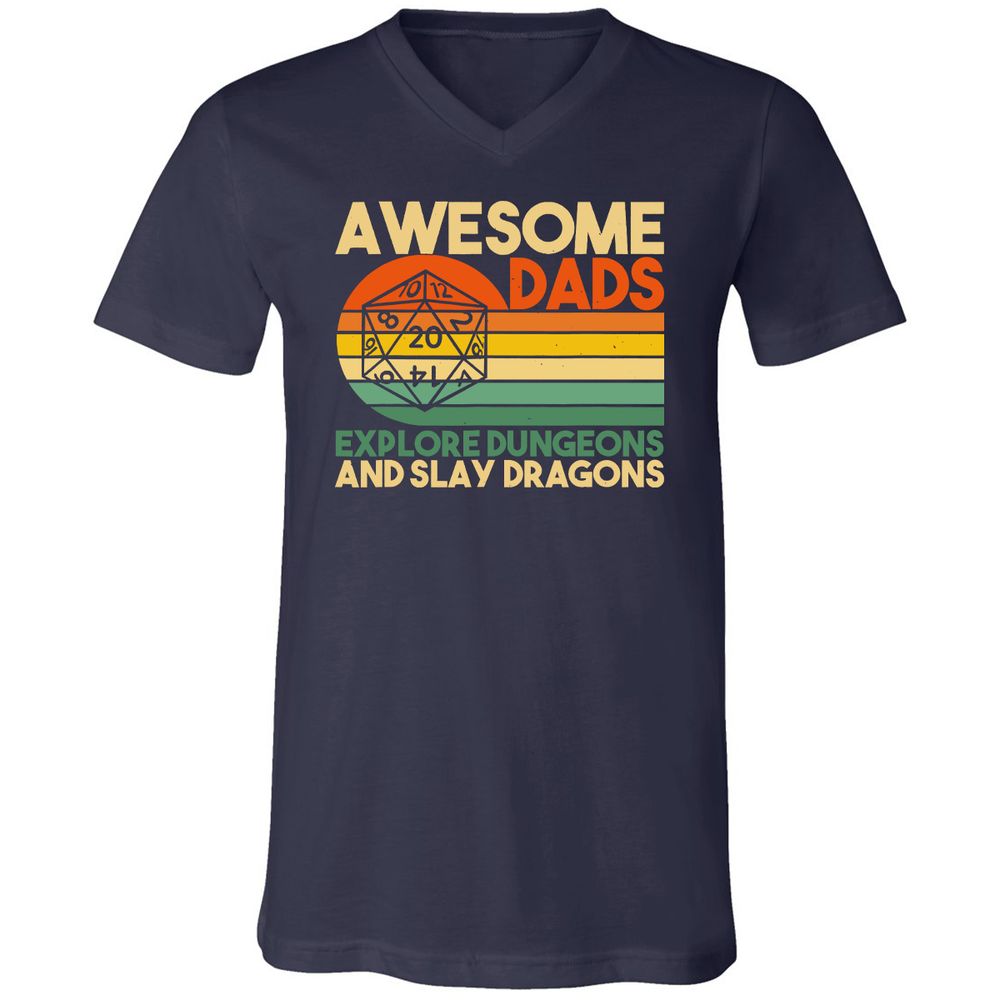 Awesome Dad Explore Dungeons Slay Dragons Unisex V-Neck T-Shirt - Navy - 2
