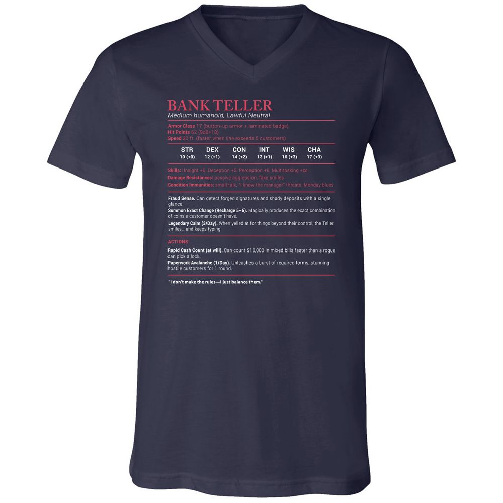 Bank Teller Stats Unisex V-Neck T-Shirt - Navy - 2
