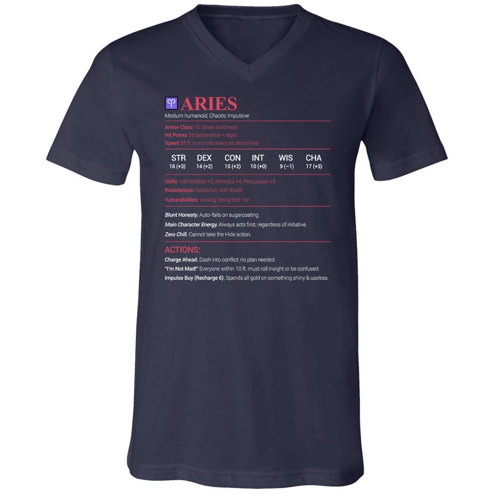 Aries Stats Unisex V-Neck T-Shirt - Navy - 2