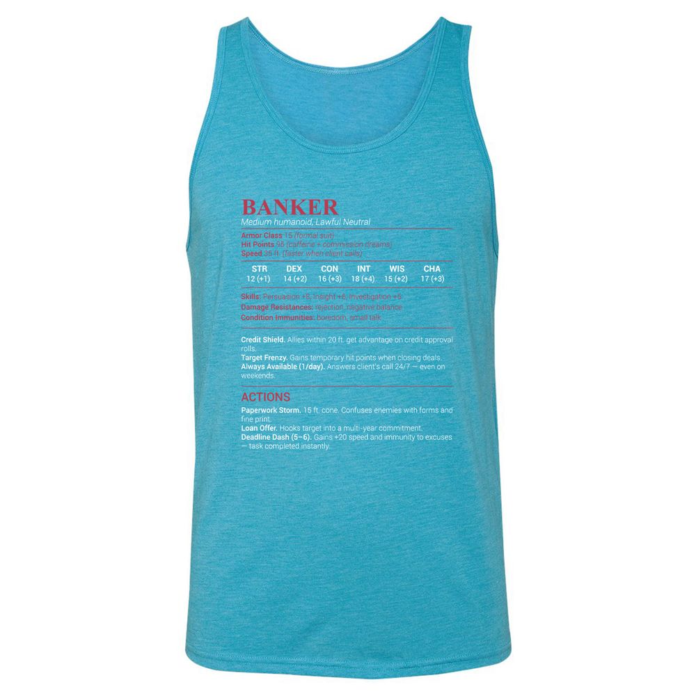Banker Stats Unisex Jersey Tank - Aqua Triblend - 3
