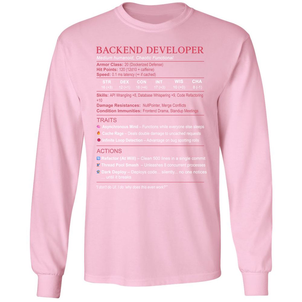 Backend Developer Stats Long Sleeve T-Shirt - Light Pink - 3