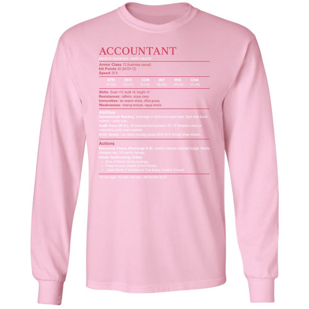 Accountant Stats Long Sleeve T-Shirt - Light Pink - 3
