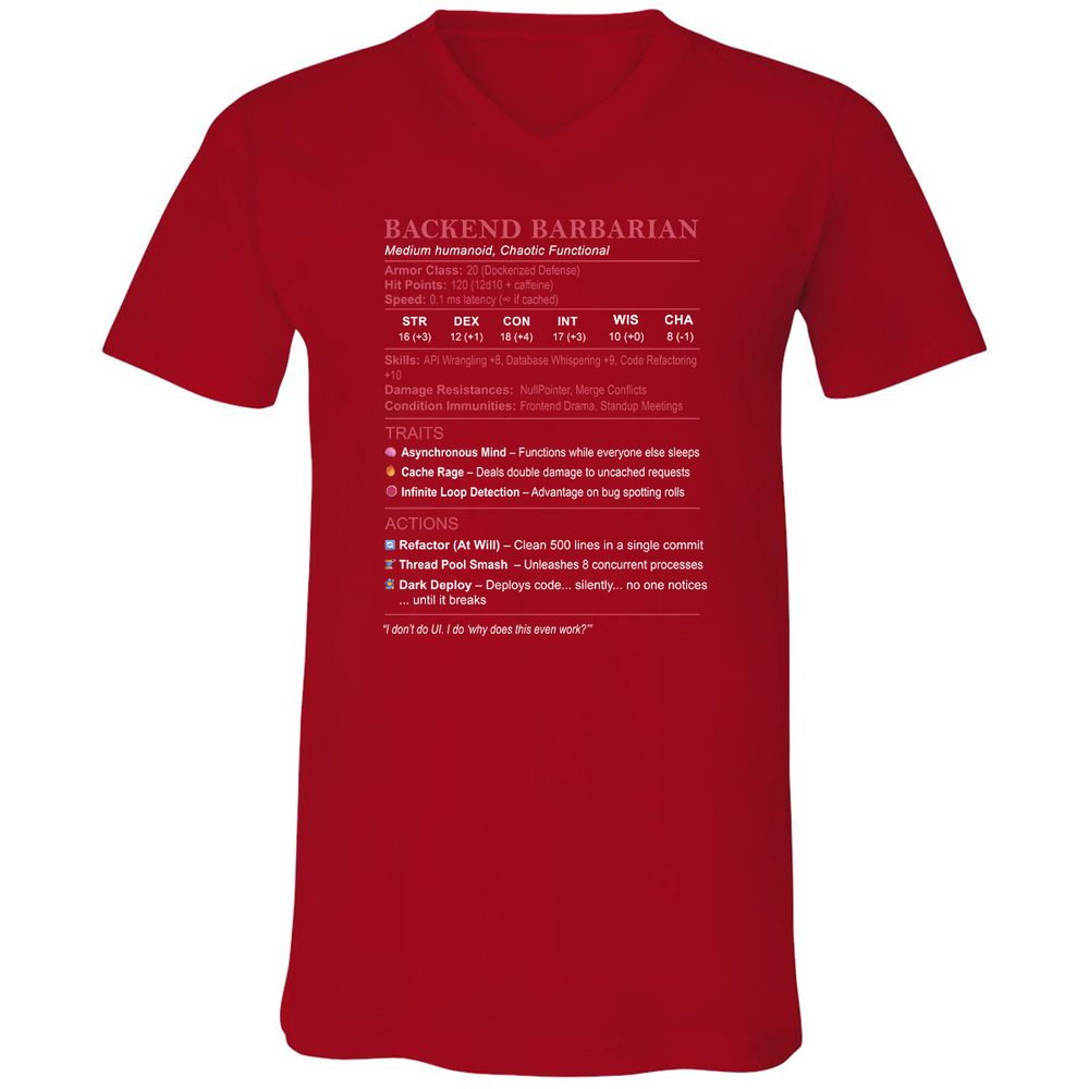 Backend Barbarian Stats Unisex V-Neck T-Shirt - Red - 3
