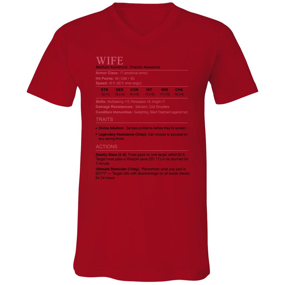 Wife Stats 2 Unisex V-Neck T-Shirt - Red - 3