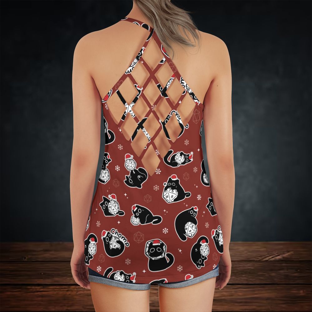 Christmas Black Cat Dice Criss Cross Tank Top -  - 3