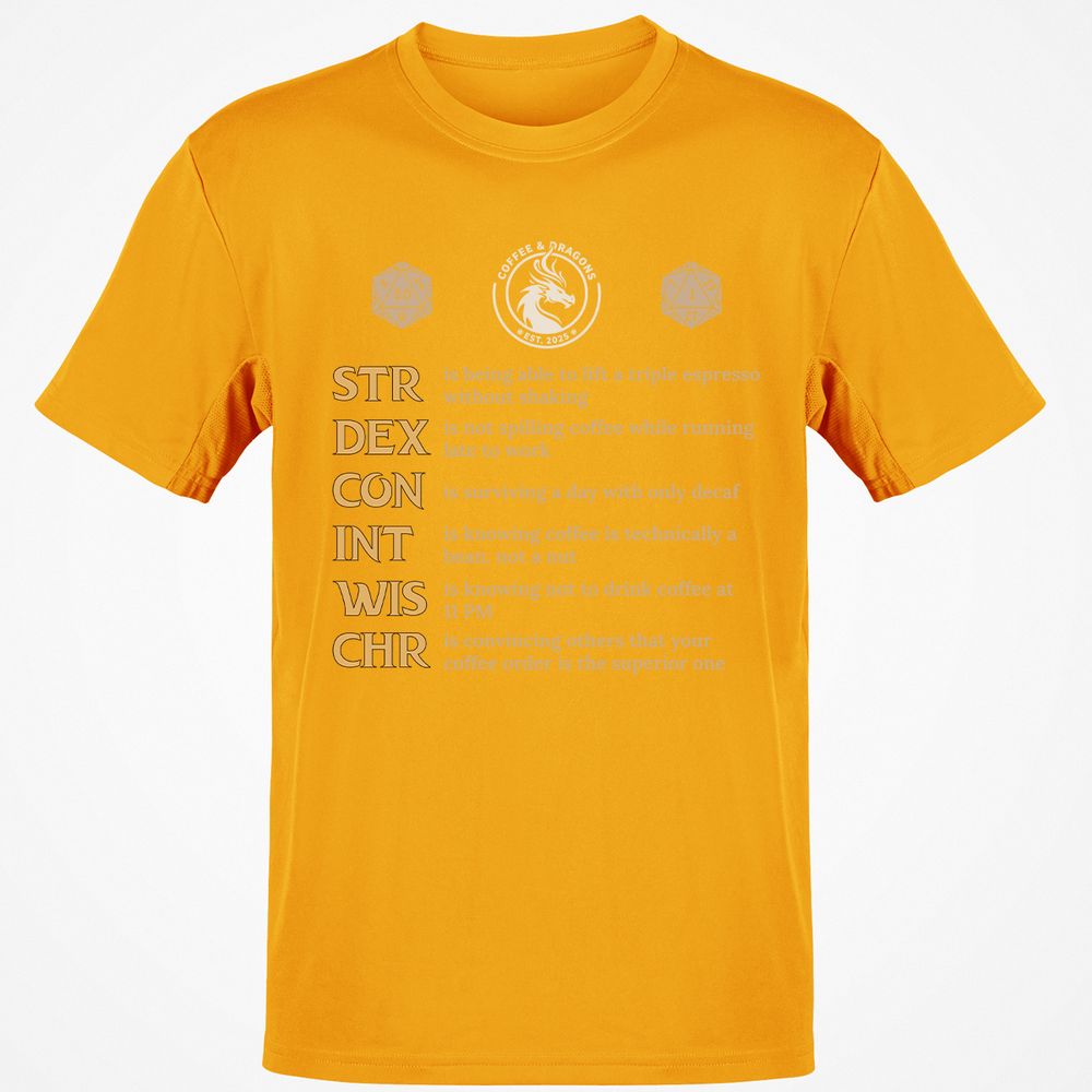 Coffee & Dragons RPG Stats Classic Unisex T-Shirt - Gold - 4