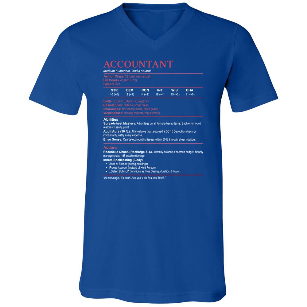 Accountant Stats Unisex V-Neck T-Shirt - True Royal - 4