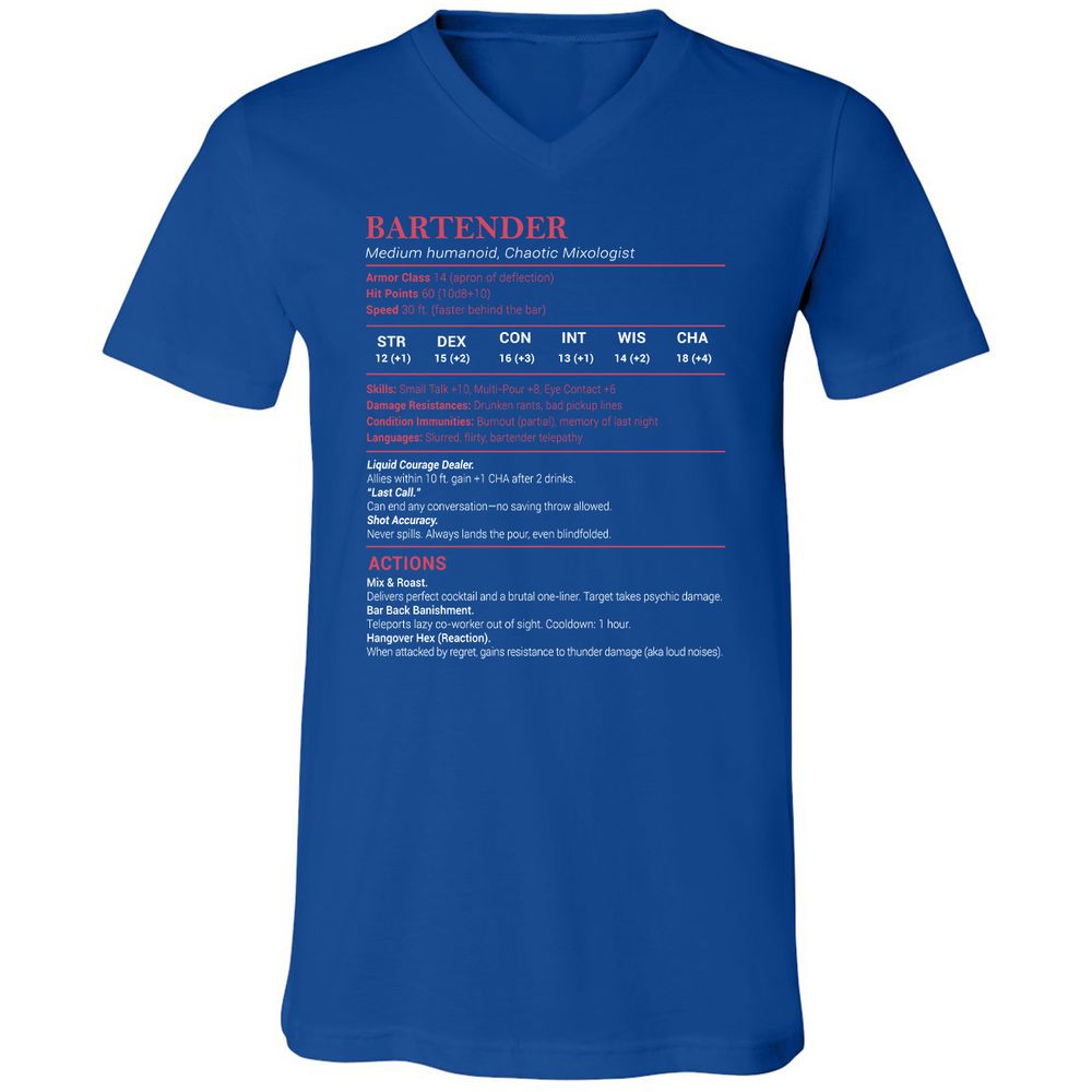 Bartender Stats Unisex V-Neck T-Shirt - True Royal - 4