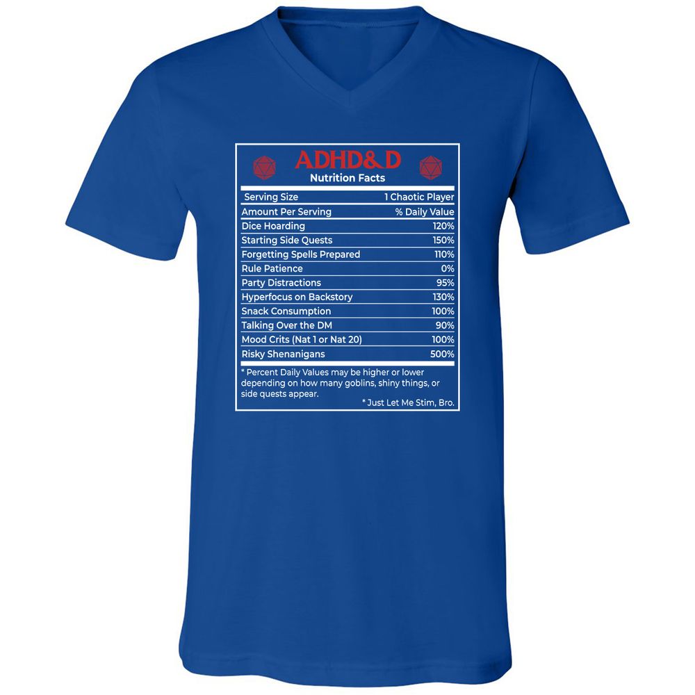 ADHD&D Nutrition Facts Unisex V-Neck T-Shirt - True Royal - 4