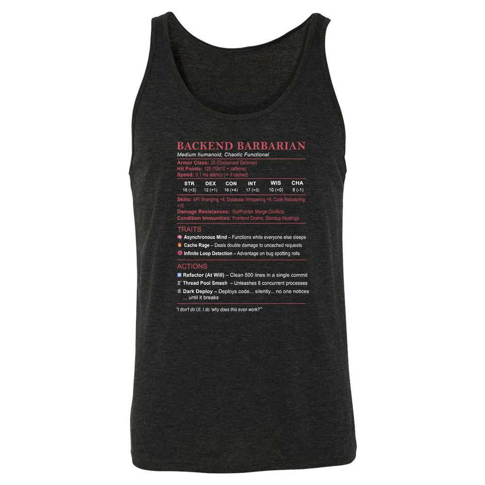 Backend Barbarian Stats Unisex Jersey Tank - Charcoal Black Triblend - 5