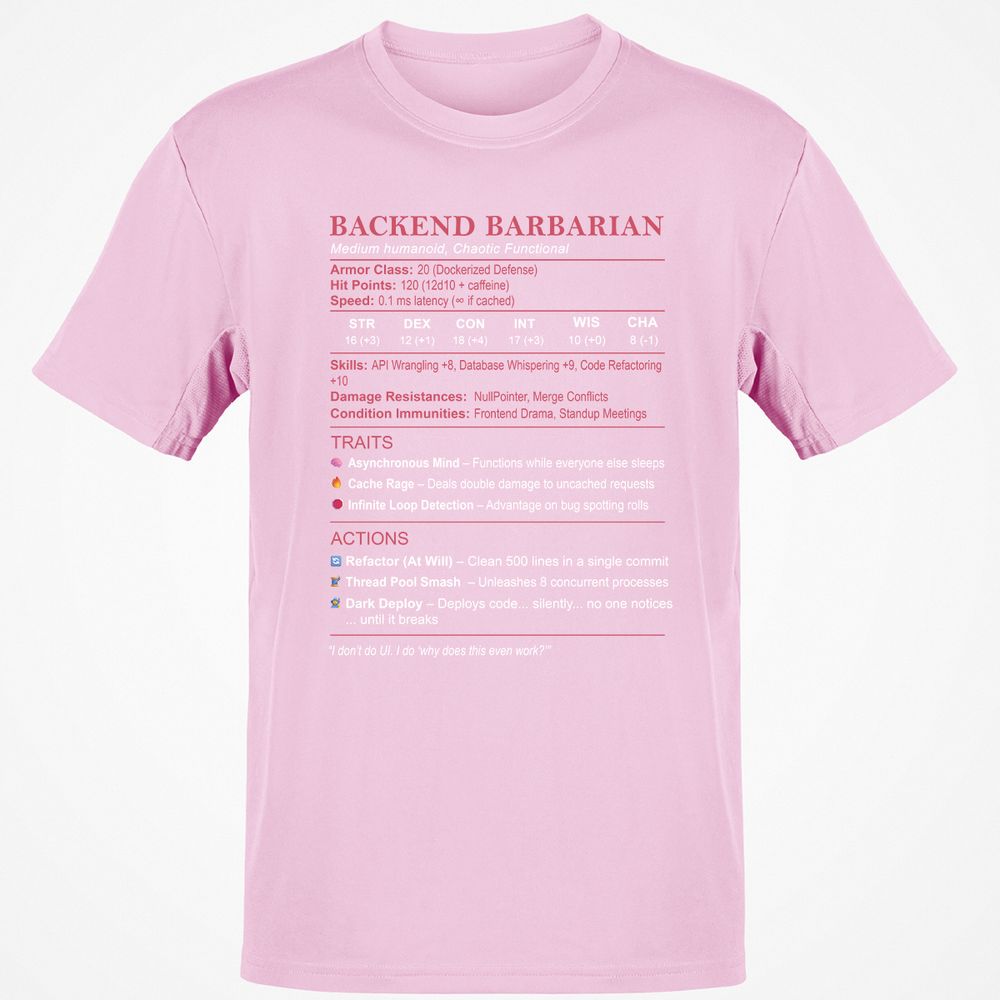 Backend Barbarian Stats Classic Unisex T-Shirt - Light Pink - 5