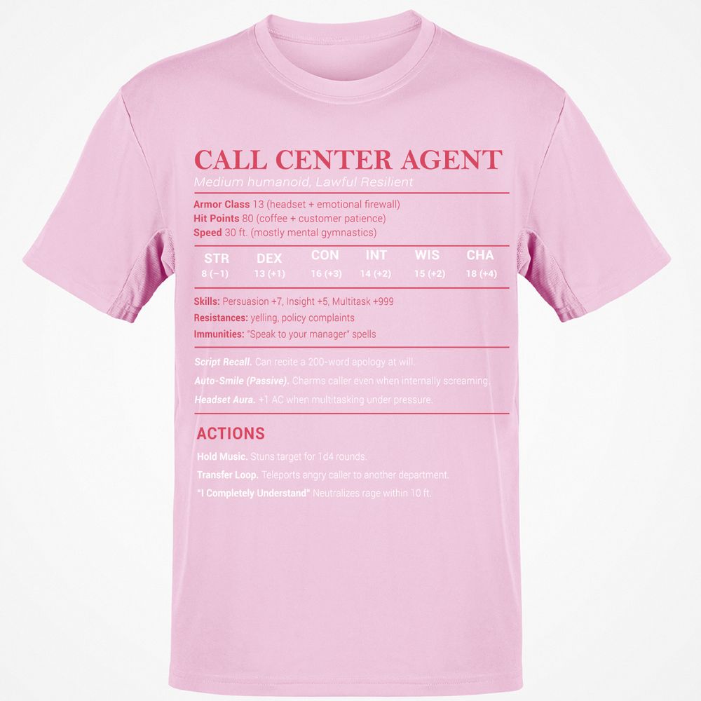 Call Center Agent Stats Classic Unisex T-Shirt - Light Pink - 5