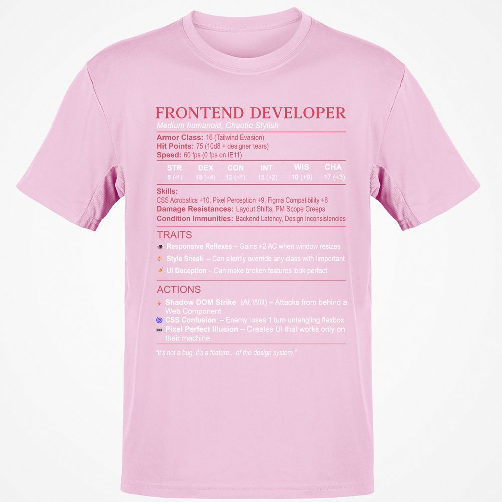 Frontend Developer Stats Classic Unisex T-Shirt - Light Pink - 5