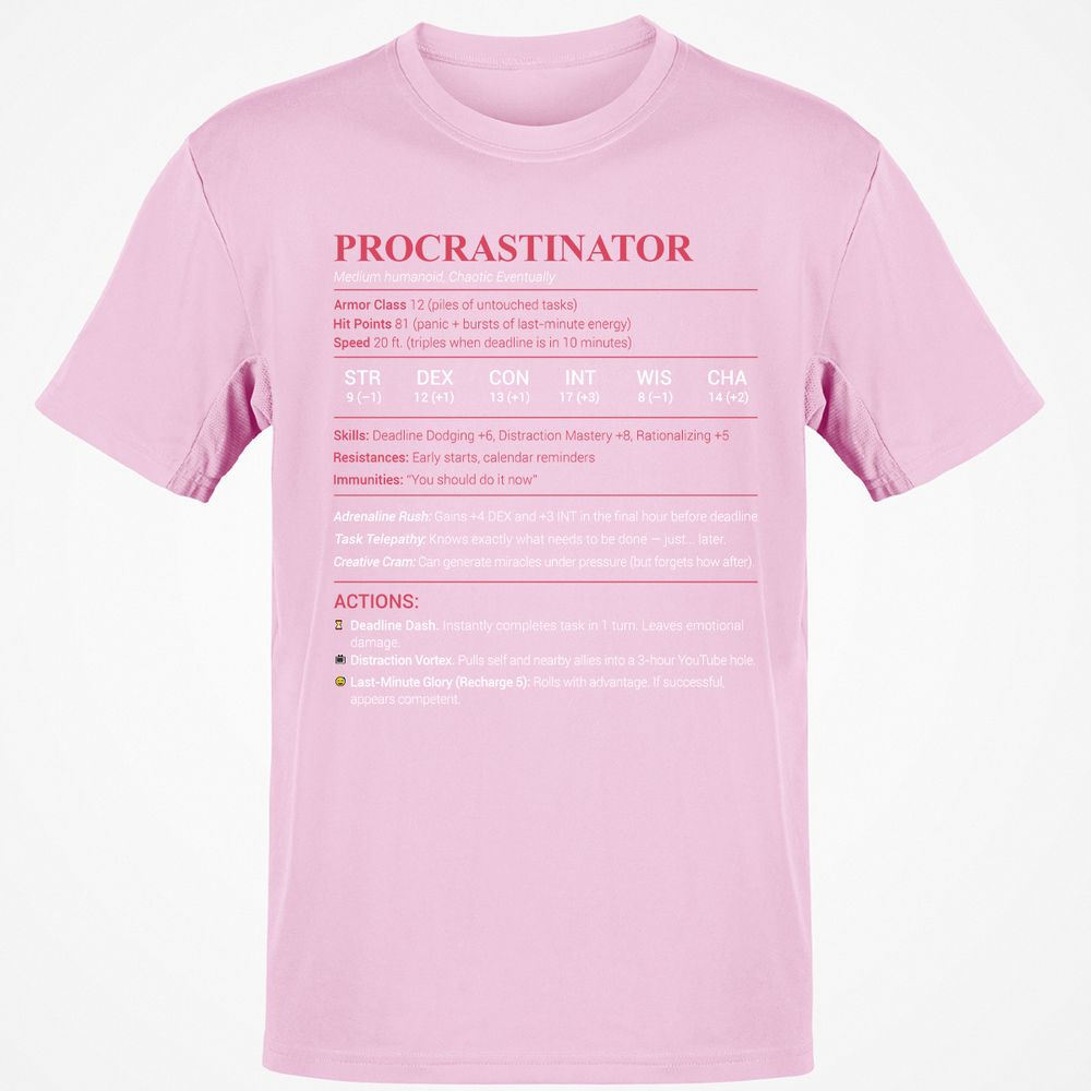 Procrastinator Stats Classic Unisex T-Shirt - Light Pink - 5