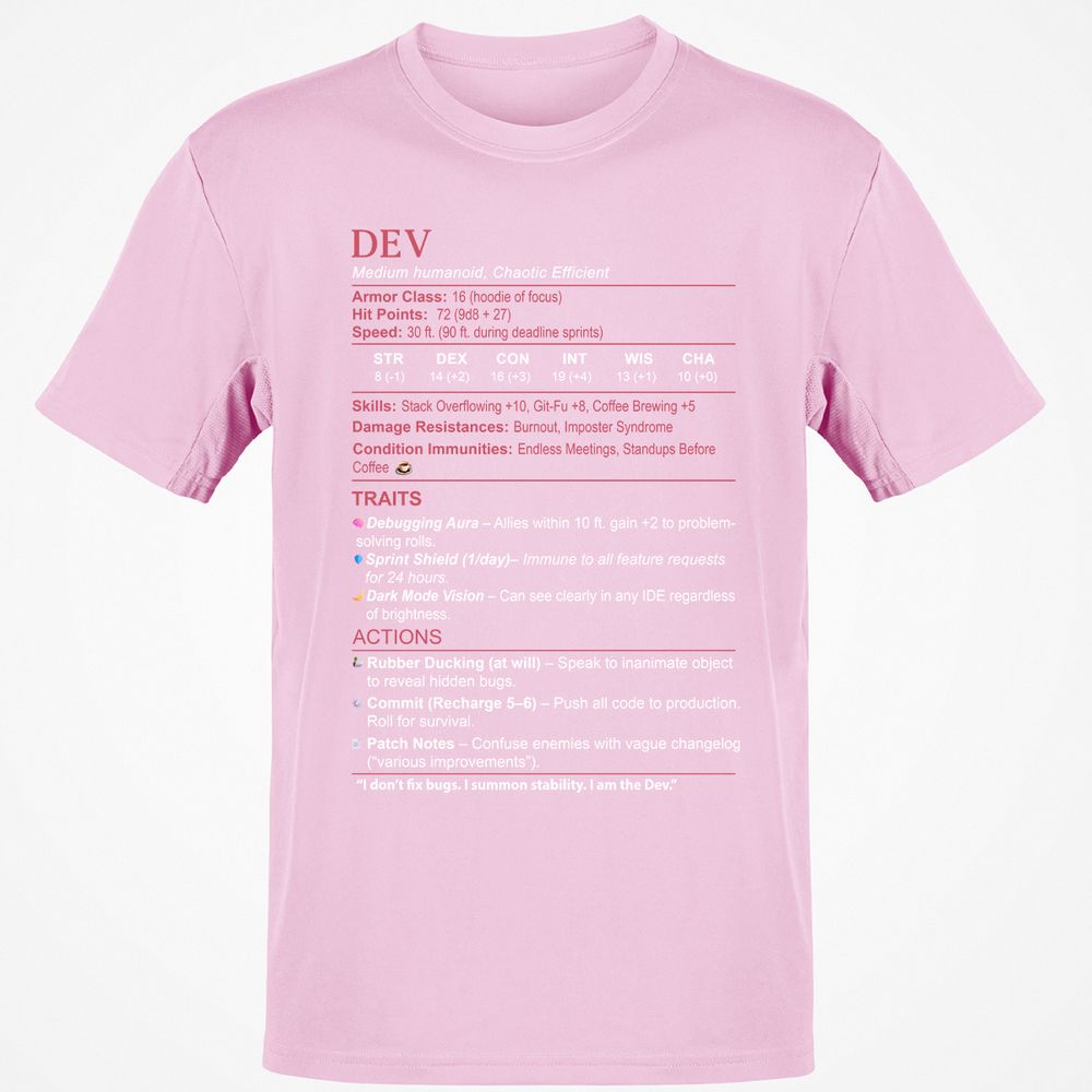 DEV Stats Classic Unisex T-Shirt - Light Pink - 5