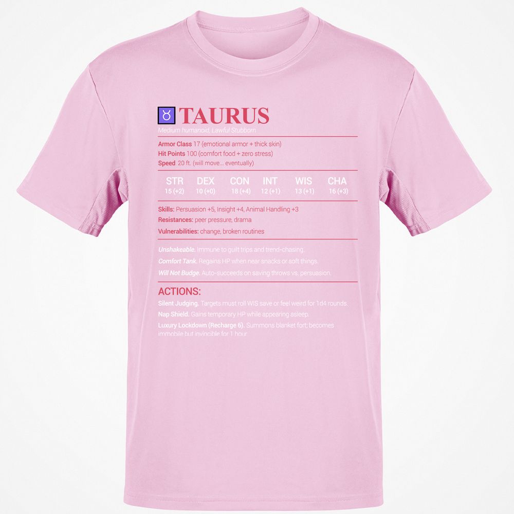 Taurus Stats Classic Unisex T-Shirt - Light Pink - 5