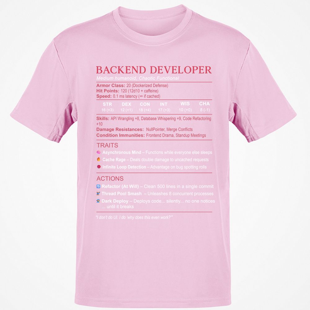 Backend Developer Stats Classic Unisex T-Shirt - Light Pink - 5