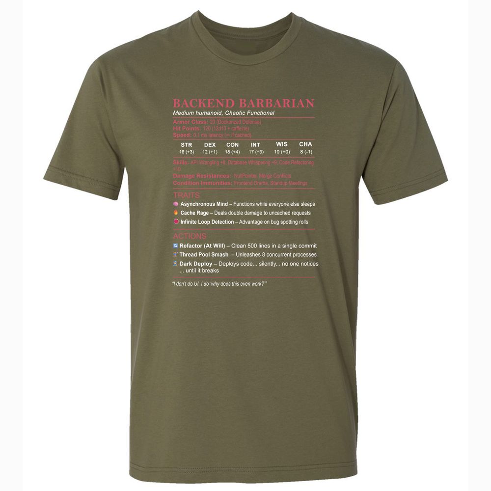Backend Barbarian Stats Premium Unisex T-Shirt - Military Green - 5