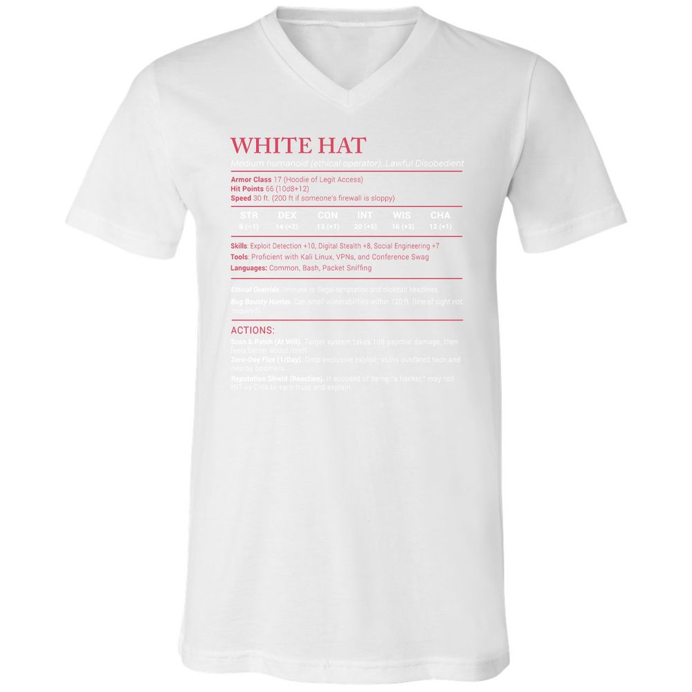 White Hat Stats Unisex V-Neck T-Shirt - White - 5