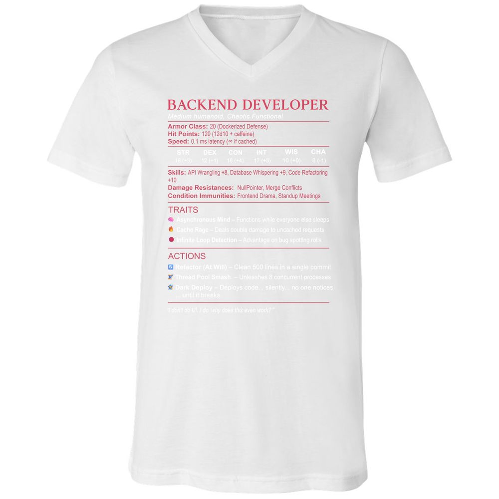 Backend Developer Stats Unisex V-Neck T-Shirt - White - 5
