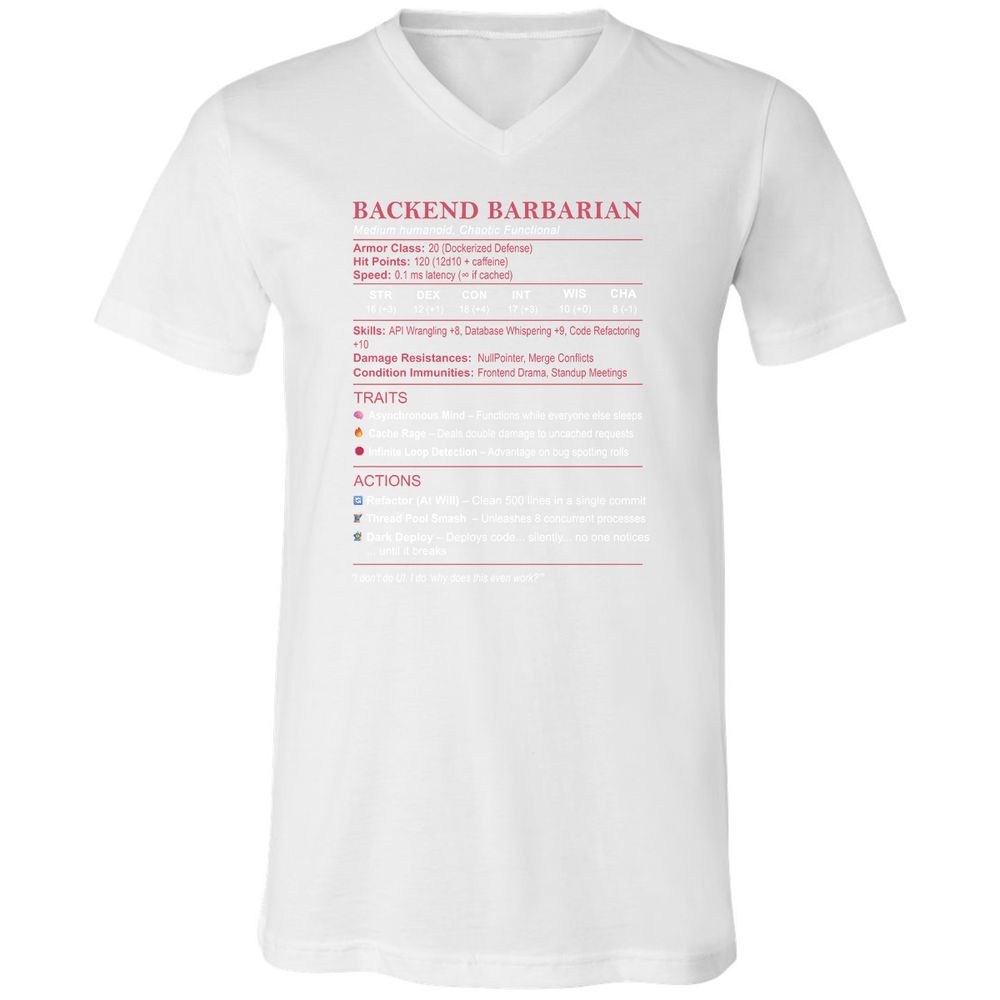 Backend Barbarian Stats Unisex V-Neck T-Shirt - White - 5