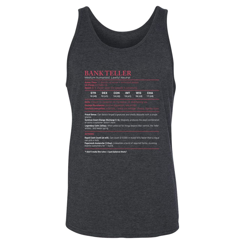 Bank Teller Stats Unisex Jersey Tank - Dark Grey Heather - 6