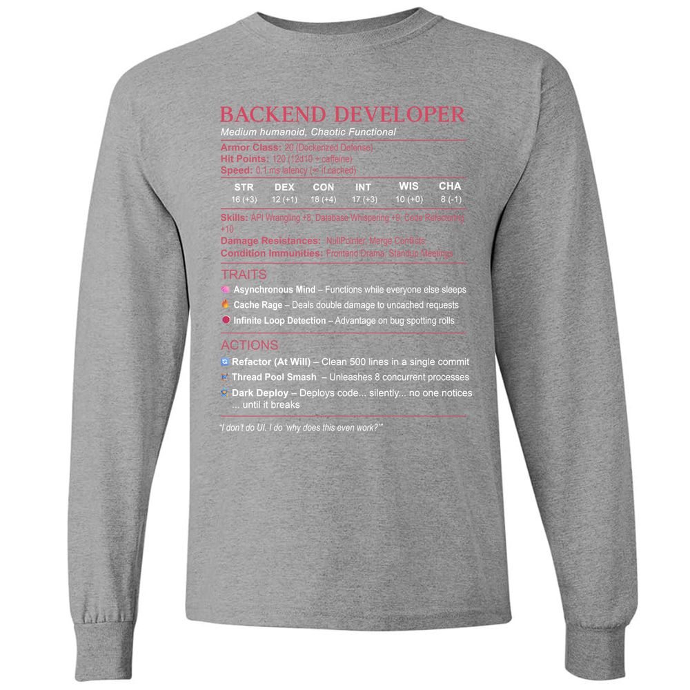 Backend Developer Stats Long Sleeve T-Shirt - Graphite Heather - 6