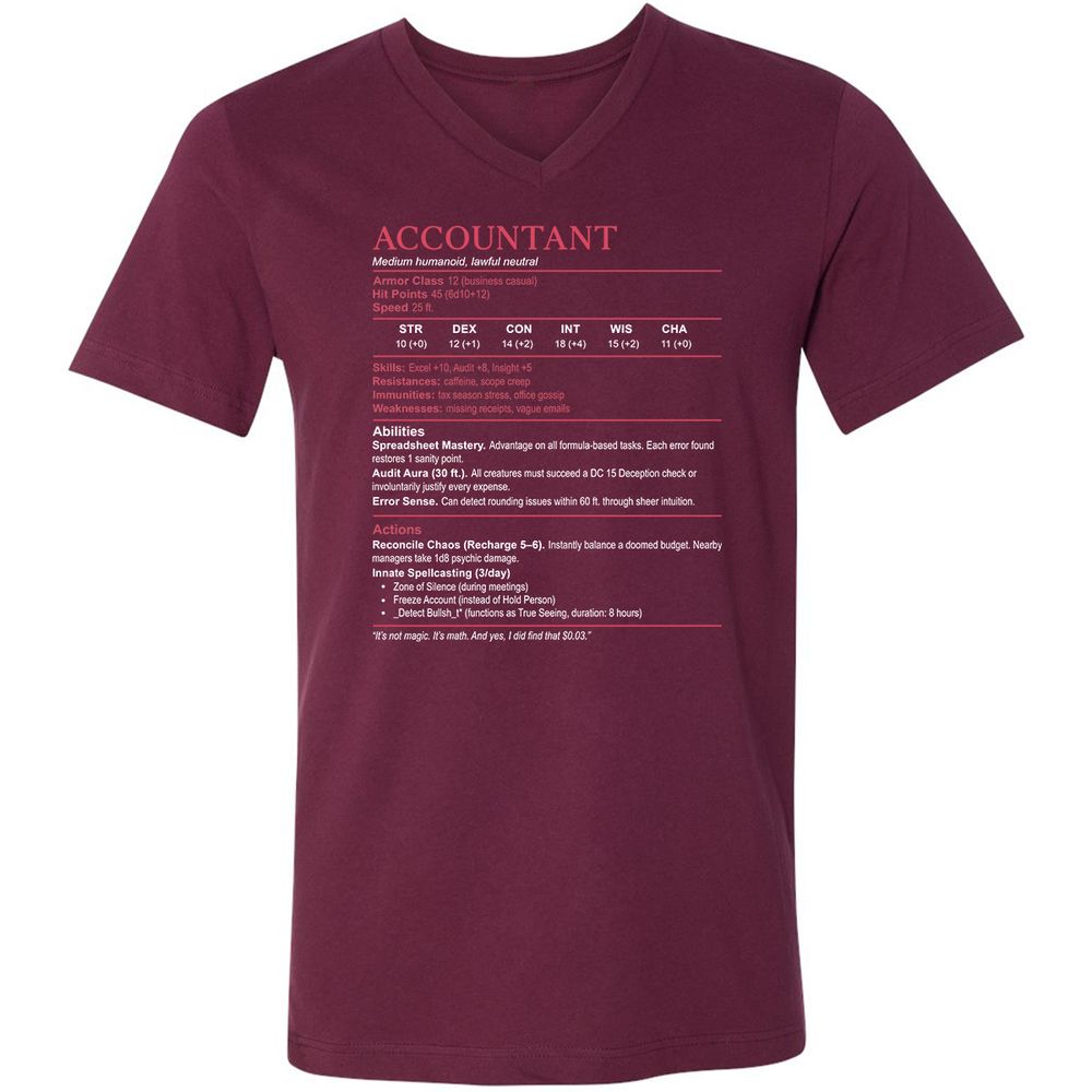 Accountant Stats Unisex V-Neck T-Shirt - Maroon - 6