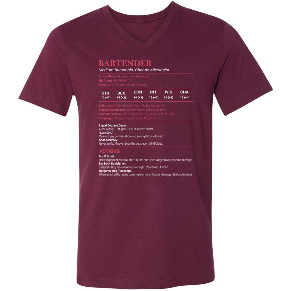 Bartender Stats Unisex V-Neck T-Shirt - Maroon - 6