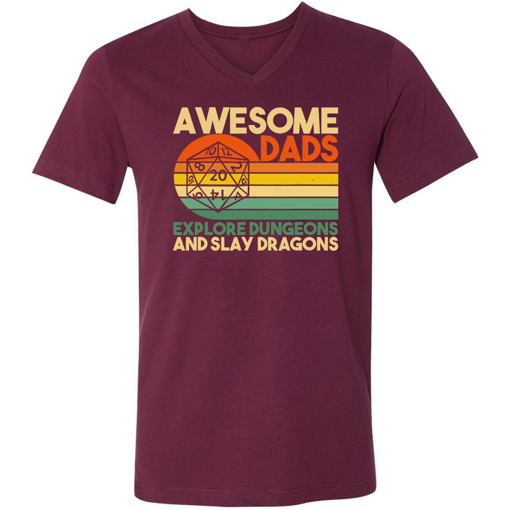 Awesome Dad Explore Dungeons Slay Dragons Unisex V-Neck T-Shirt - Maroon - 6