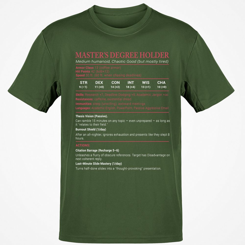 Master Degree's Holder Stats Classic Unisex T-Shirt - Military Green - 6