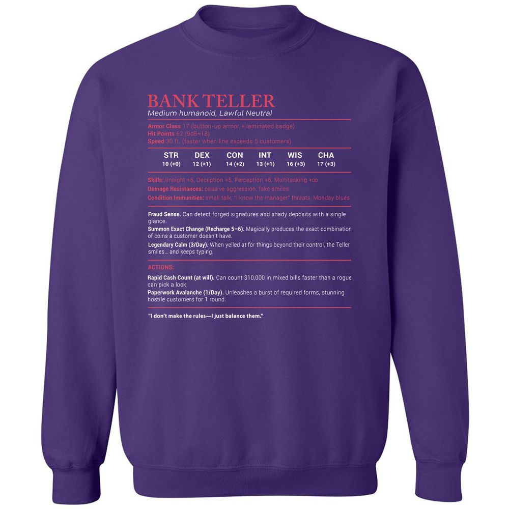 Bank Teller Stats Classic Unisex Sweatshirt - Purple - 6