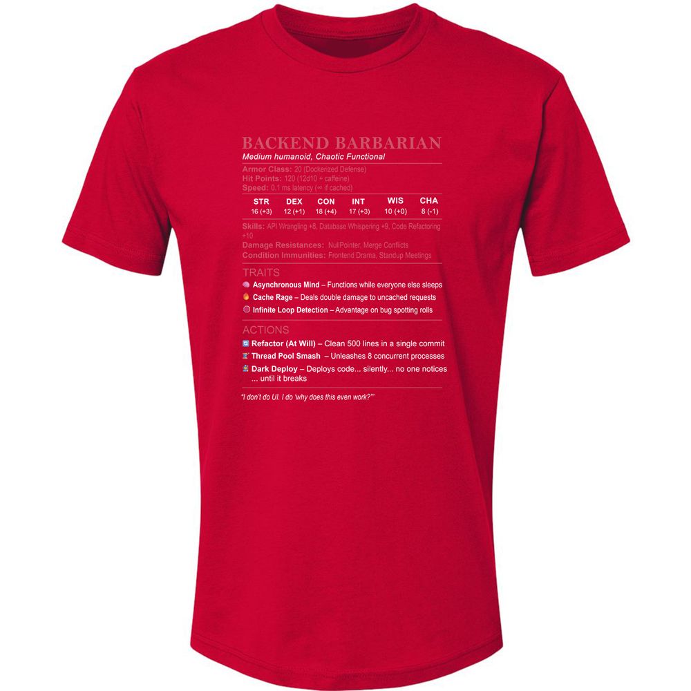 Backend Barbarian Stats Premium Unisex T-Shirt - Red - 6