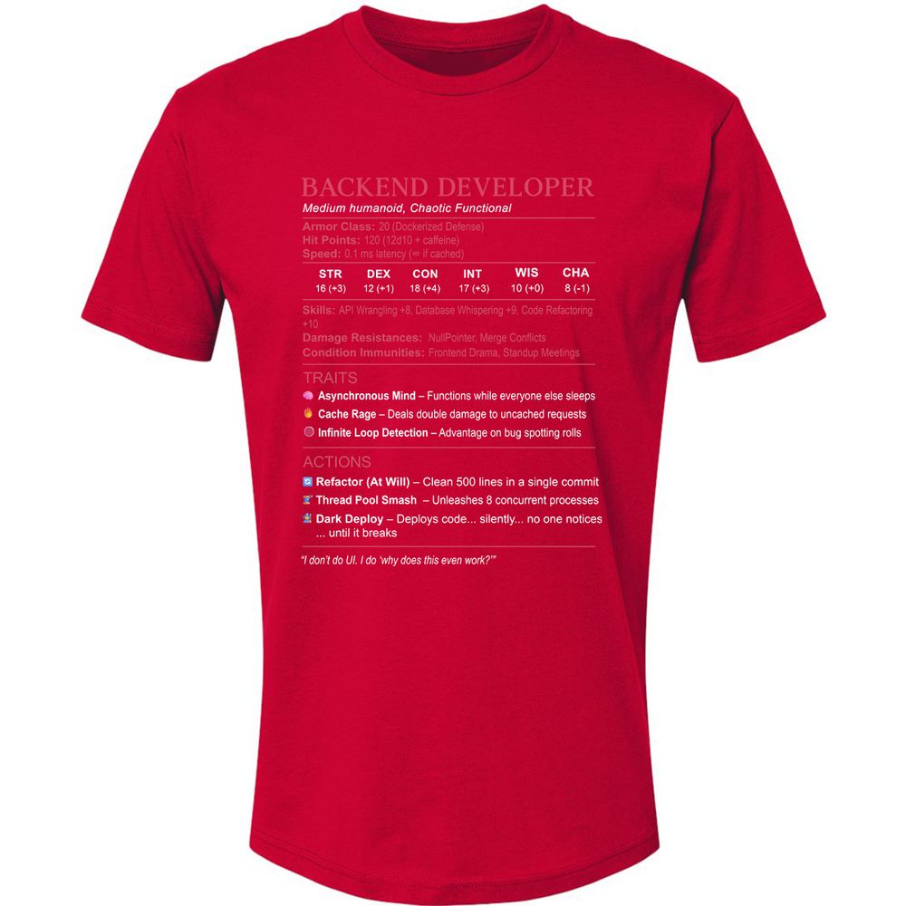 Backend Developer Stats Premium Unisex T-Shirt - Red - 6