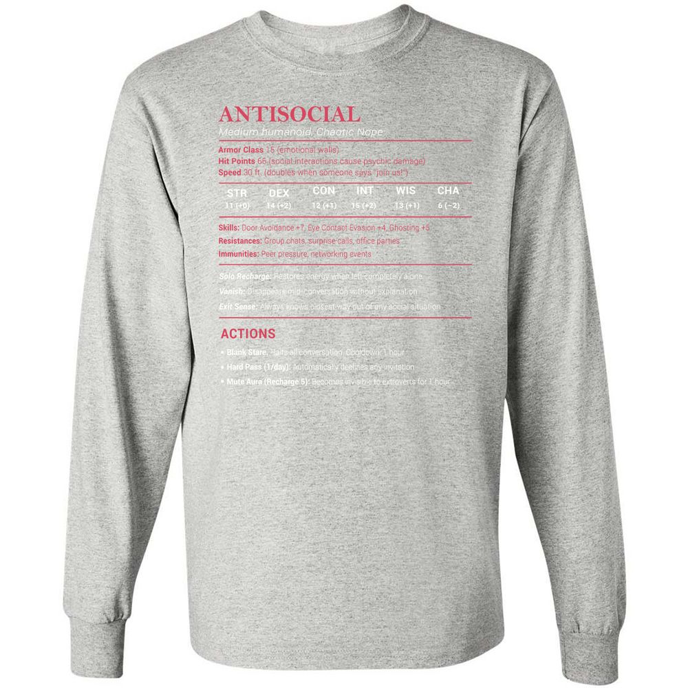 Antisocial Stats Long Sleeve T-Shirt - Ash - 7