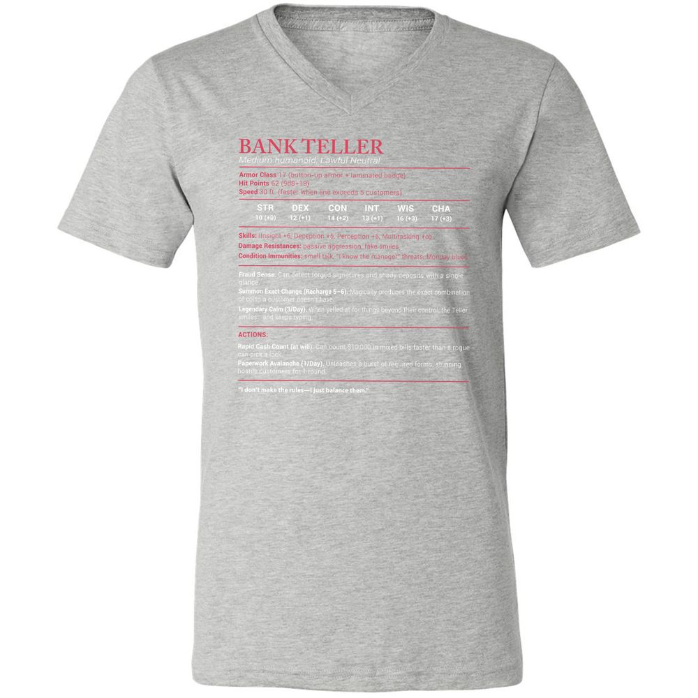 Bank Teller Stats Unisex V-Neck T-Shirt - Athletic Heather - 7