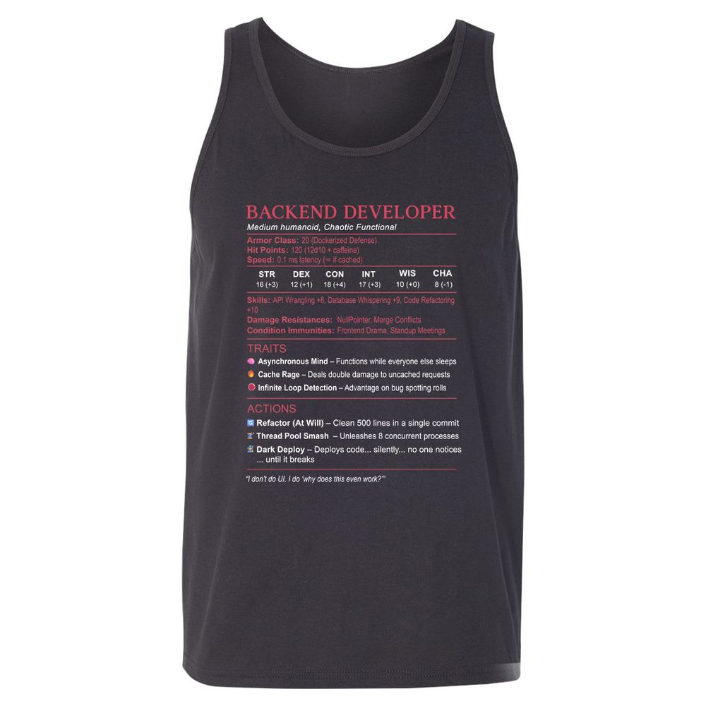 Backend Developer Stats Unisex Jersey Tank - Dark Grey - 7