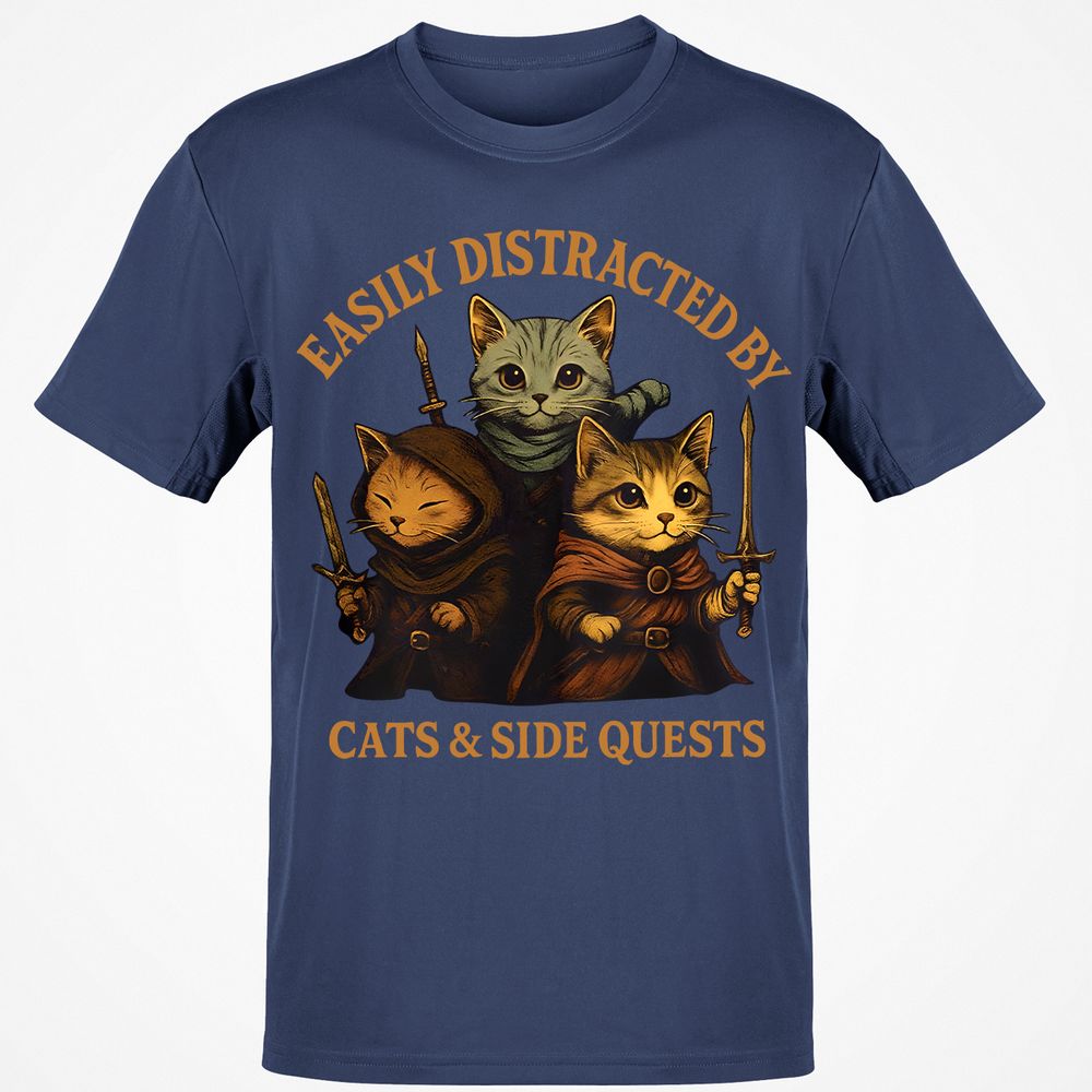 Easily Distracted By Cats & Side Quests Classic Unisex T-Shirt - Navy - 7