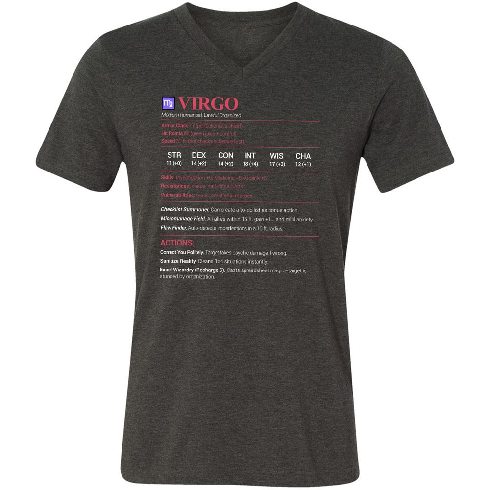 Virgo Stats Unisex V-Neck T-Shirt - Dark Grey Heather - 8