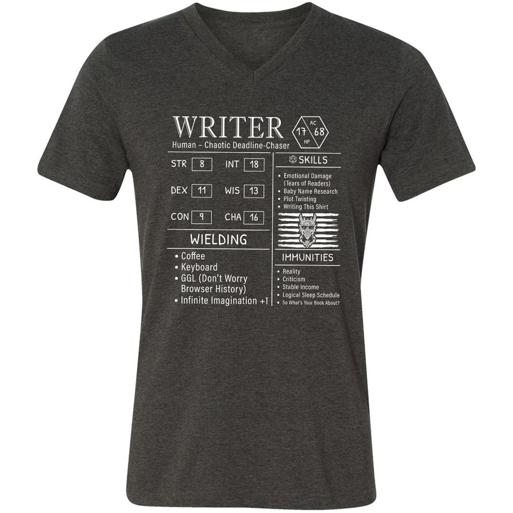 Writer Stats New Unisex V-Neck T-Shirt - Dark Grey Heather - 8