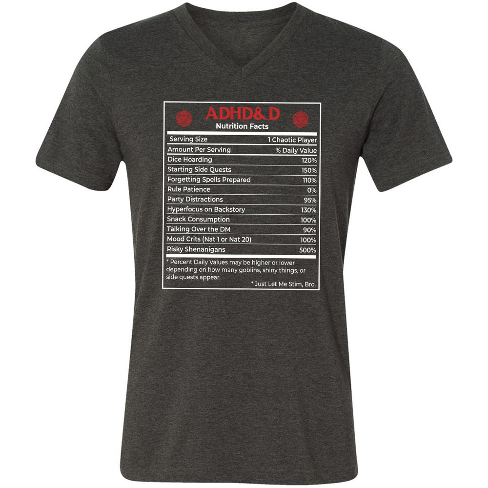 ADHD&D Nutrition Facts Unisex V-Neck T-Shirt - Dark Grey Heather - 8
