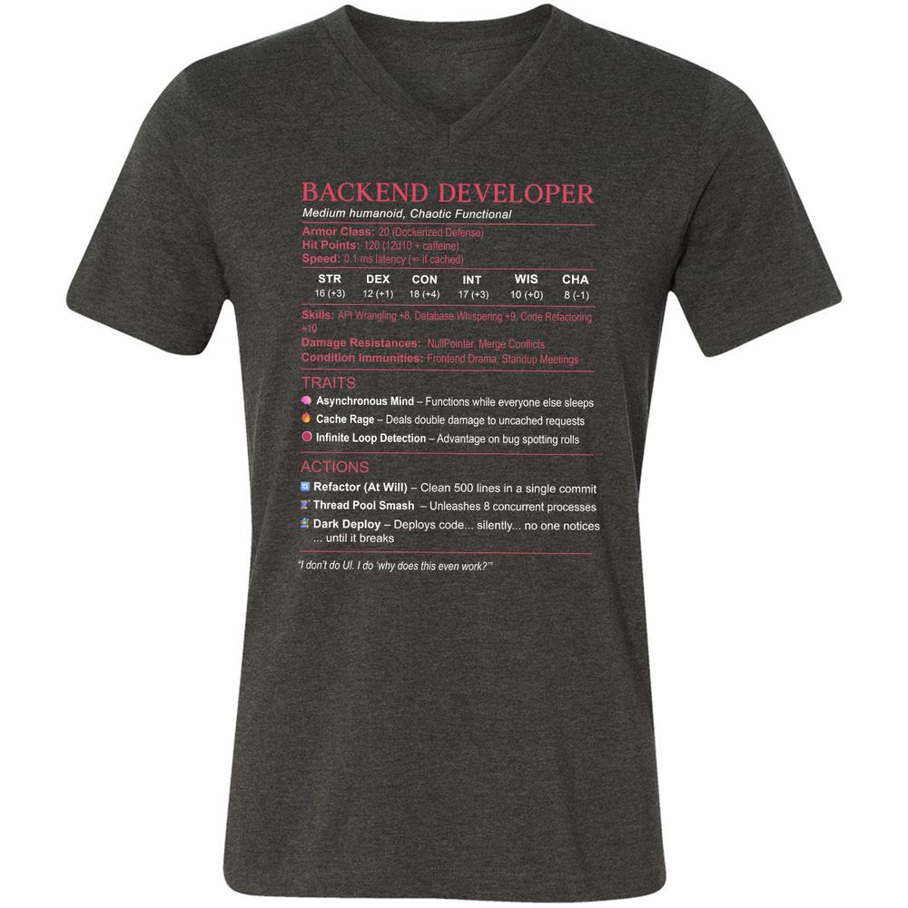 Backend Developer Stats Unisex V-Neck T-Shirt - Dark Grey Heather - 8