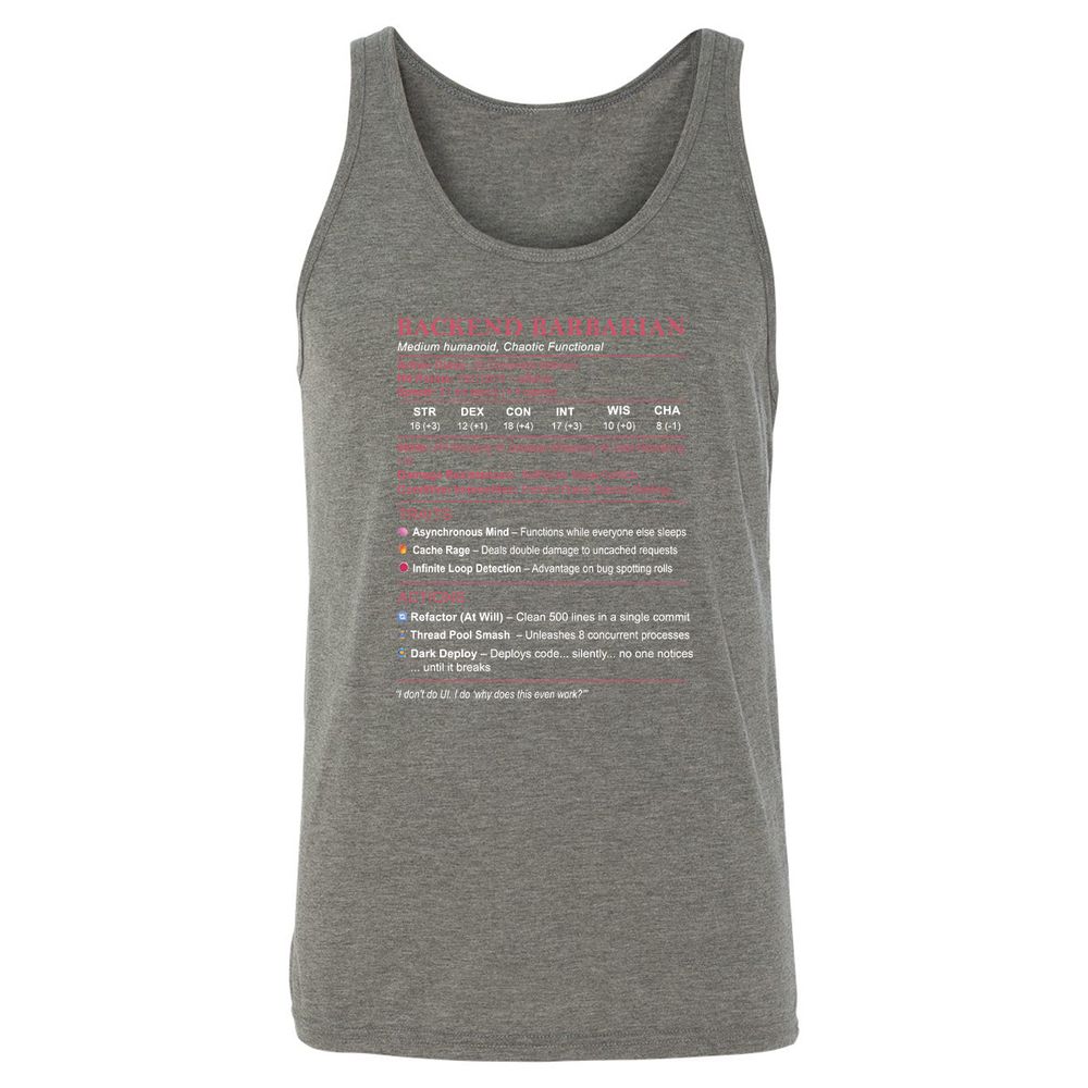 Backend Barbarian Stats Unisex Jersey Tank - Grey Triblend - 8
