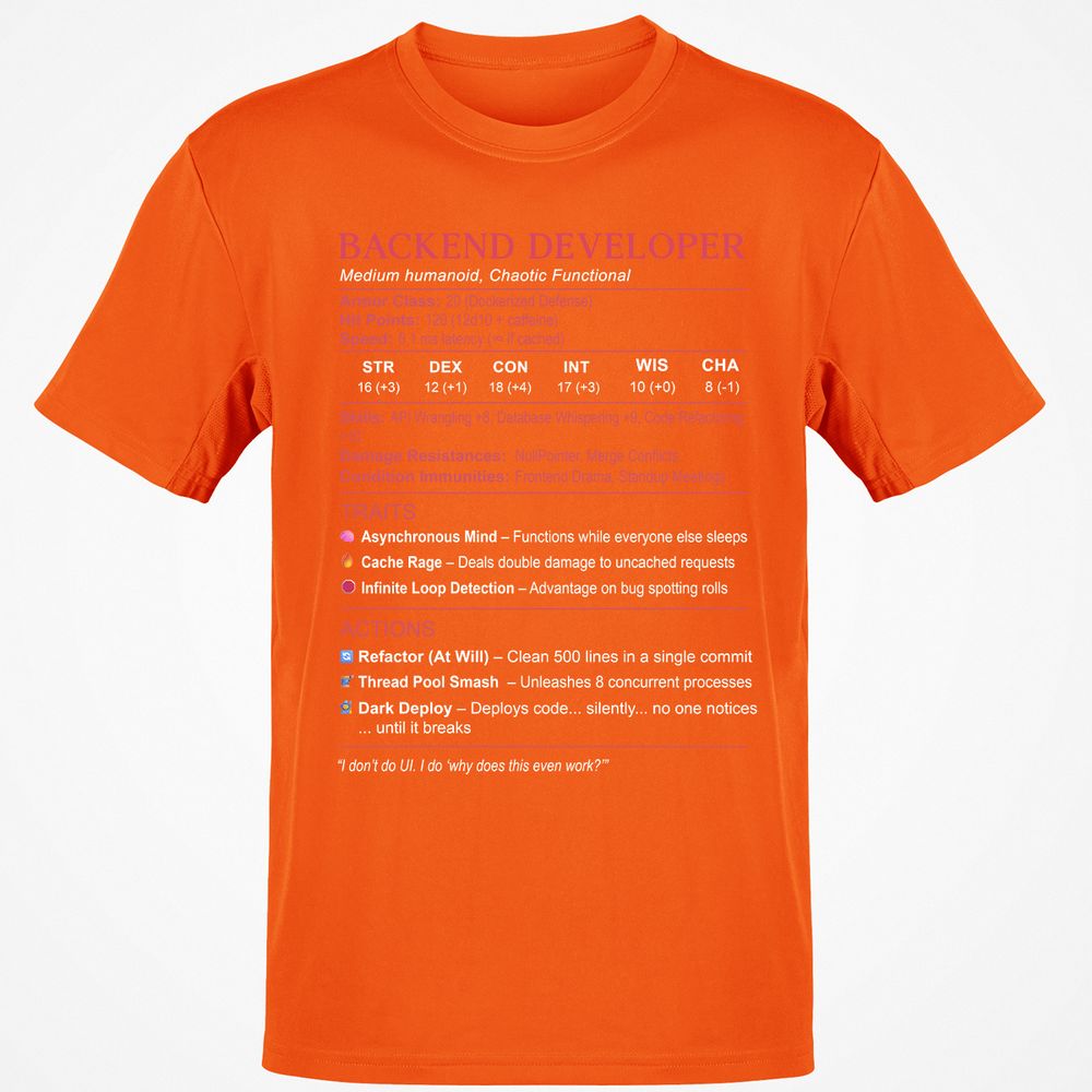Backend Developer Stats Classic Unisex T-Shirt - Orange - 8